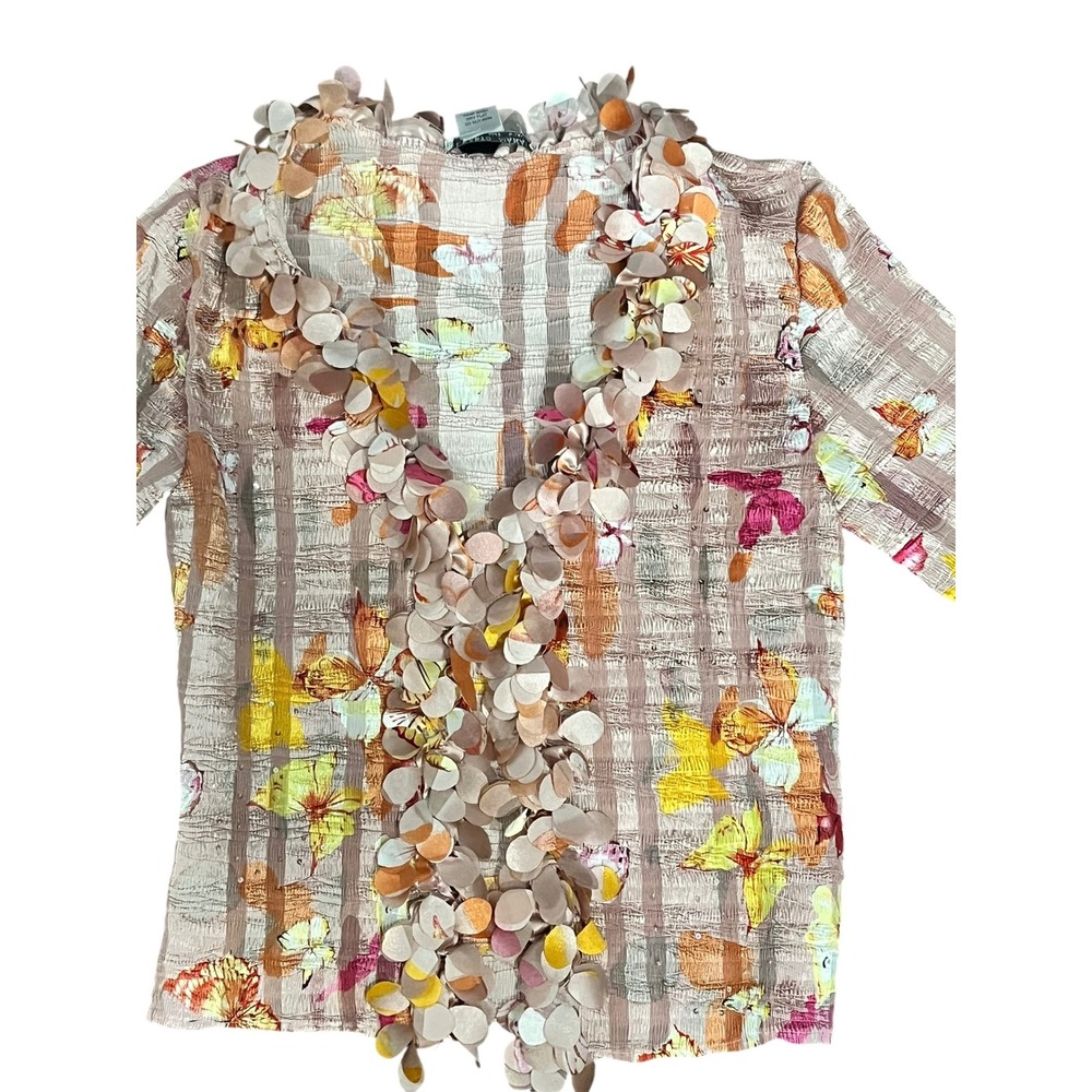 Y2K Alberto Makali Butterfly Print Plisse Cardigan 3D Petal Trim Sheer